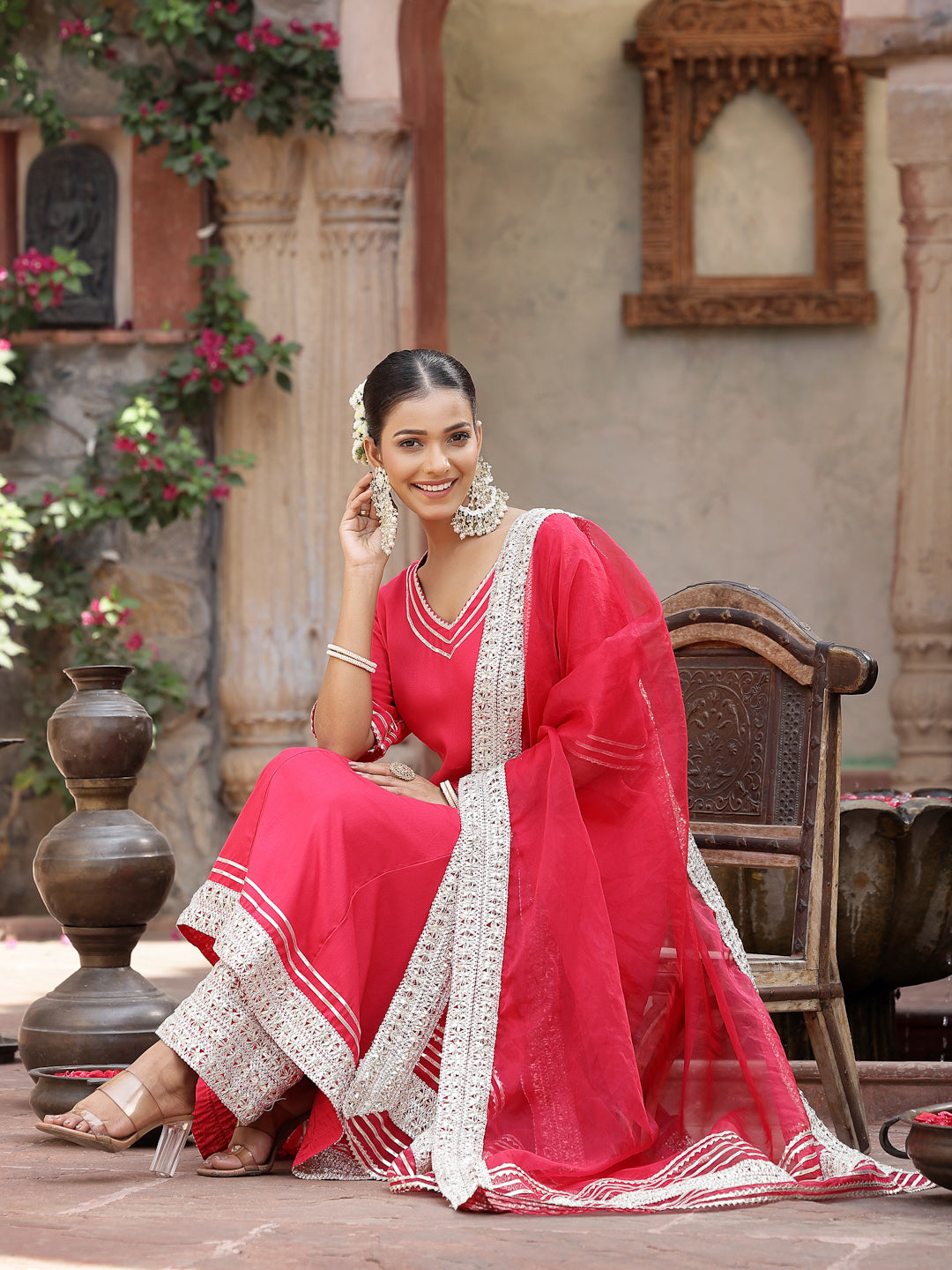 Solid Rayon Anarkali Kurta Pant &amp; Dupatta Set