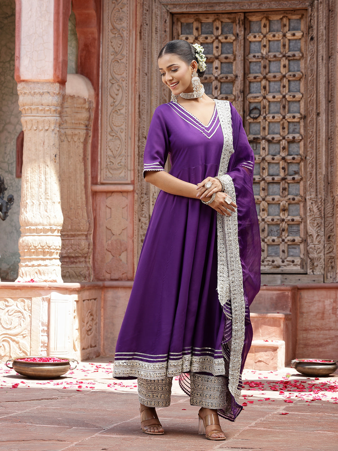 Solid Rayon Anarkali Kurta Pant &amp; Dupatta Set