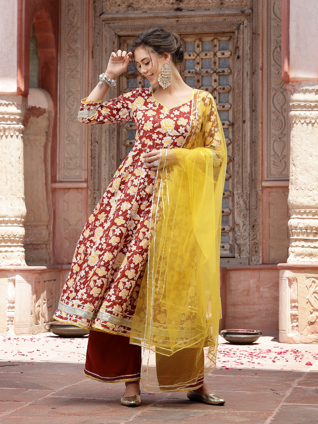 Floral Printed Cotton Anarkali Kurta Pant &amp; Dupatta Set