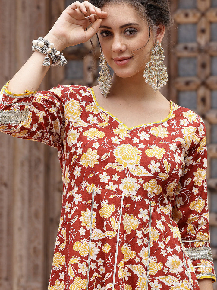 Floral Printed Cotton Anarkali Kurta Pant &amp; Dupatta Set