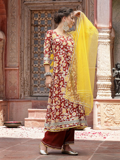 Floral Printed Cotton Anarkali Kurta Pant & Dupatta Set