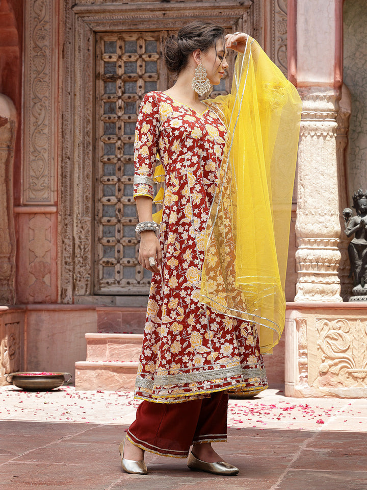 Floral Printed Cotton Anarkali Kurta Pant &amp; Dupatta Set
