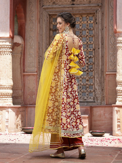 Floral Printed Cotton Anarkali Kurta Pant & Dupatta Set