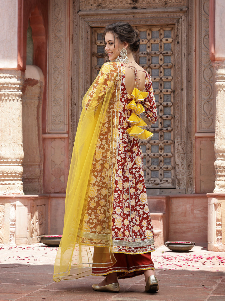 Floral Printed Cotton Anarkali Kurta Pant &amp; Dupatta Set