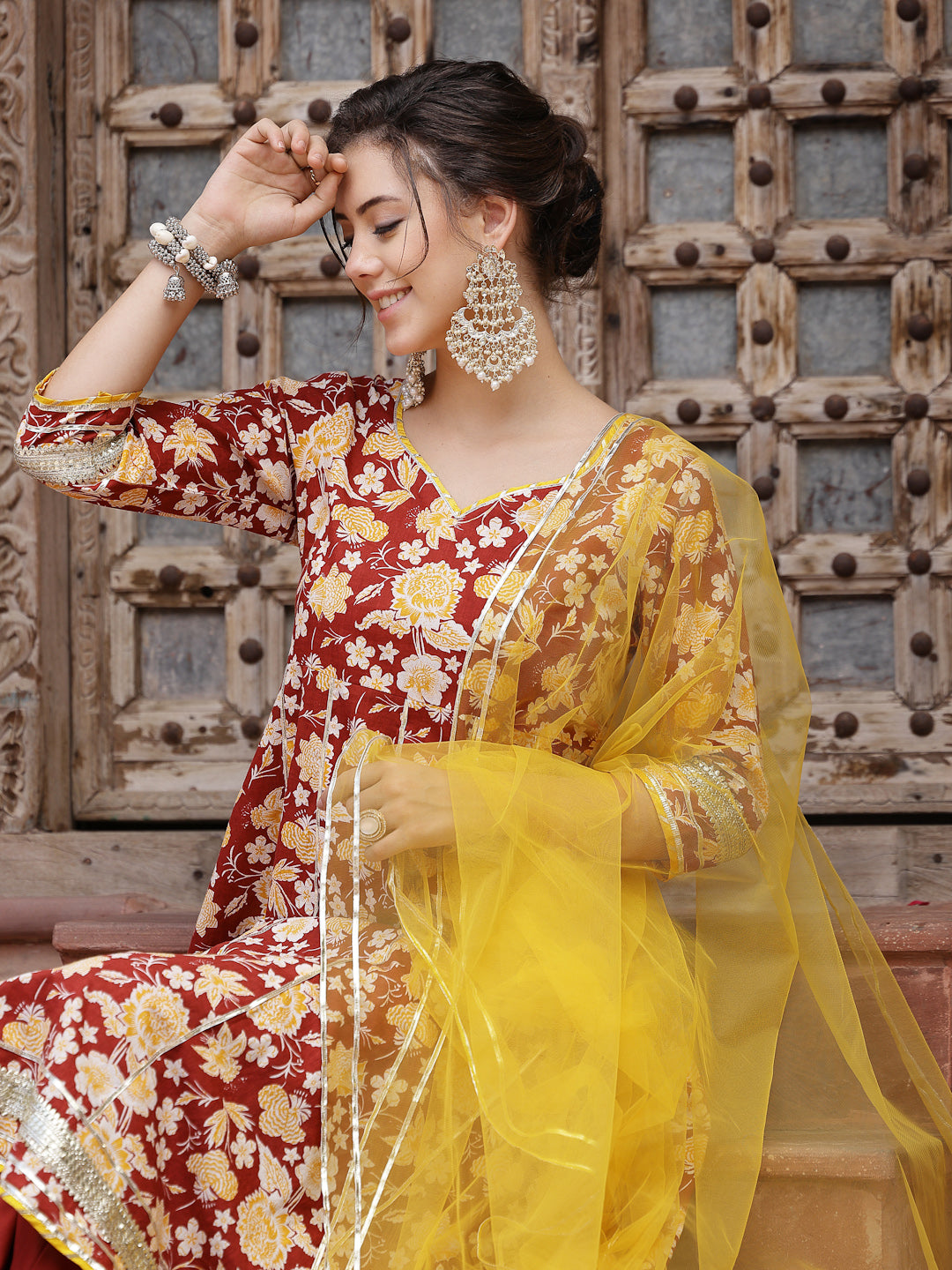 Floral Printed Cotton Anarkali Kurta Pant &amp; Dupatta Set