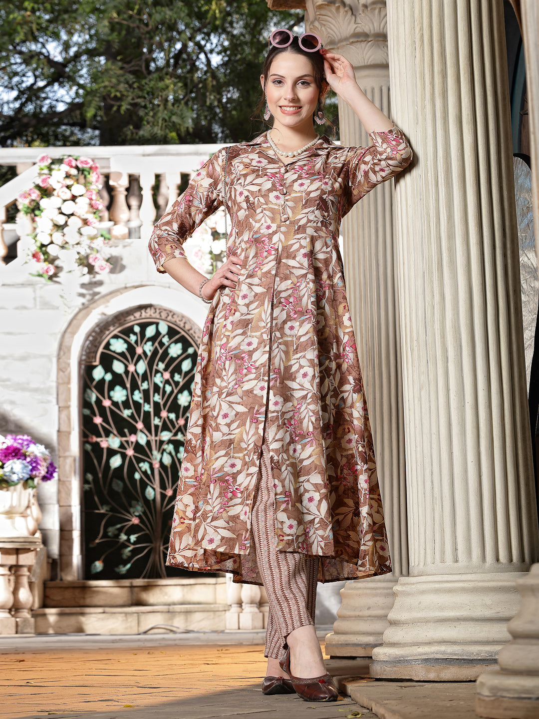 Floral Printed Cotton Blend A-Line Kurta And Pant Set