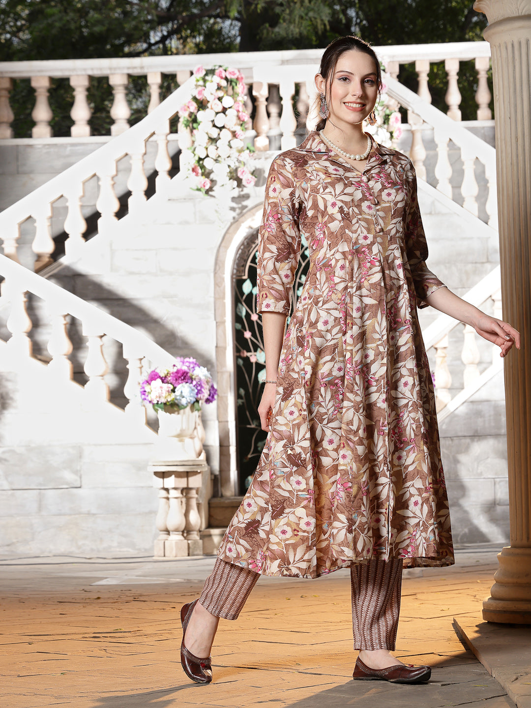 Floral Printed Cotton Blend A-Line Kurta And Pant Set
