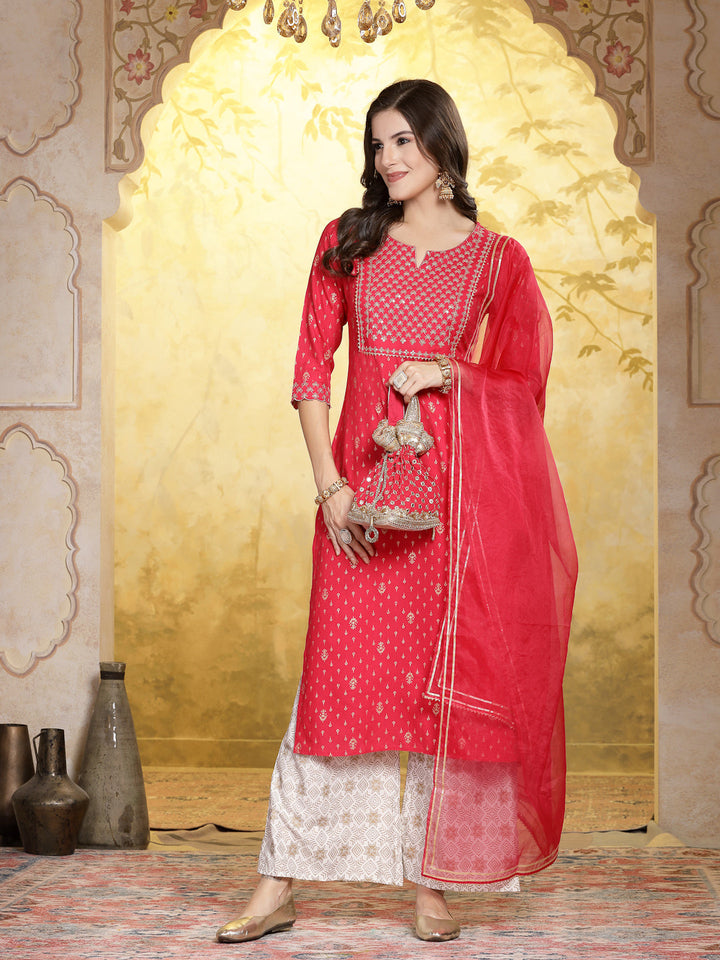 Printed &amp; Embroidered Rayon Straight Kurta Pant &amp; Dupatta Set