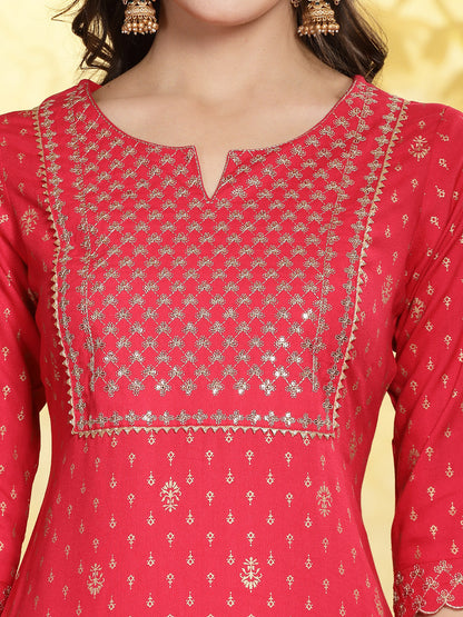 Printed & Embroidered Rayon Straight Kurta Pant & Dupatta Set
