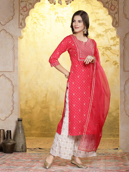 Printed & Embroidered Rayon Straight Kurta Pant & Dupatta Set