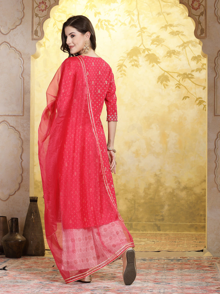 Printed &amp; Embroidered Rayon Straight Kurta Pant &amp; Dupatta Set