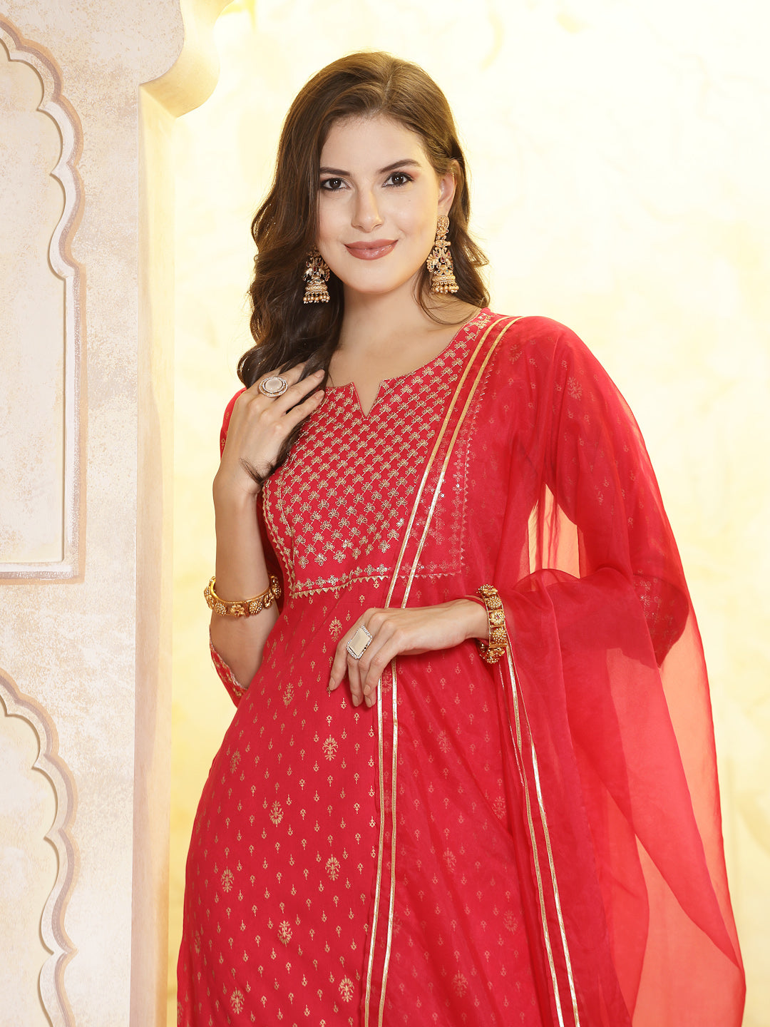 Printed &amp; Embroidered Rayon Straight Kurta Pant &amp; Dupatta Set