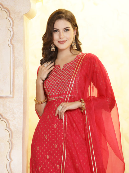 Printed & Embroidered Rayon Straight Kurta Pant & Dupatta Set