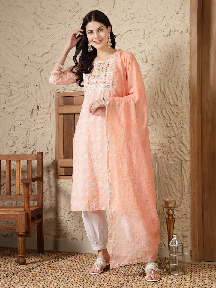 Paisley Printed &amp; Embroidered Cotton Blend Straight Kurta Afghani Pant &amp; Dupatta Set