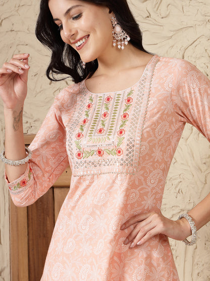 Paisley Printed & Embroidered Cotton Blend Straight Kurta Afghani Pant & Dupatta Set (Pre-Order)