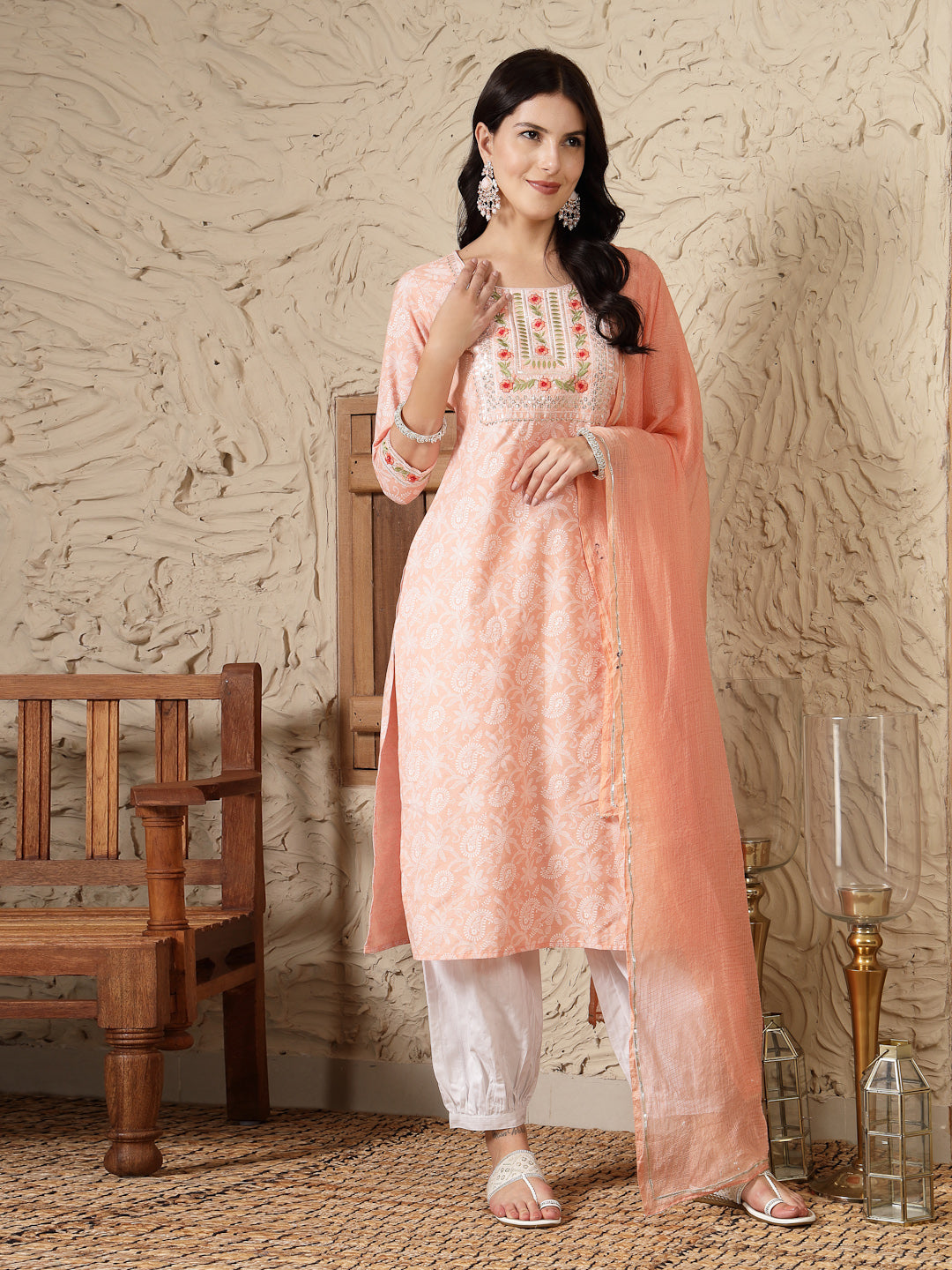Paisley Printed &amp; Embroidered Cotton Blend Straight Kurta Afghani Pant &amp; Dupatta Set