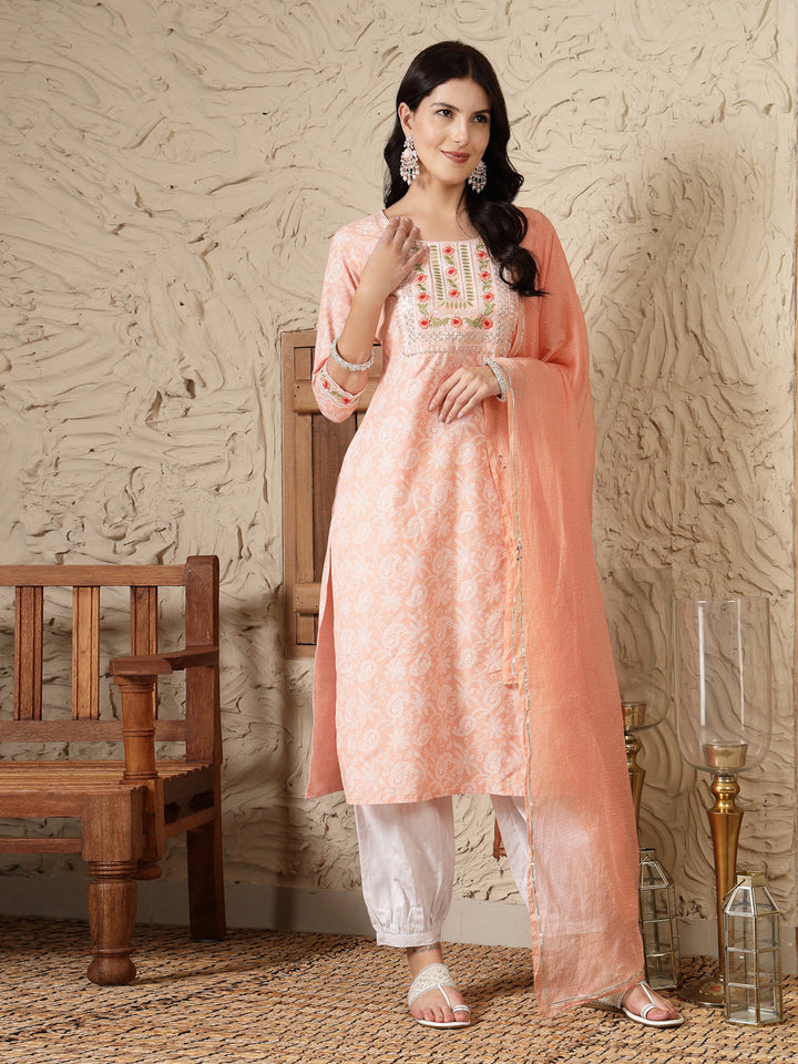 Paisley Printed &amp; Embroidered Cotton Blend Straight Kurta Afghani Pant &amp; Dupatta Set
