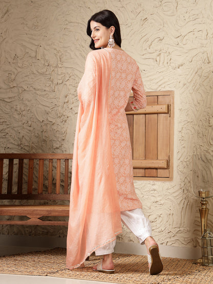 Paisley Printed & Embroidered Cotton Blend Straight Kurta Afghani Pant & Dupatta Set (Pre-Order)