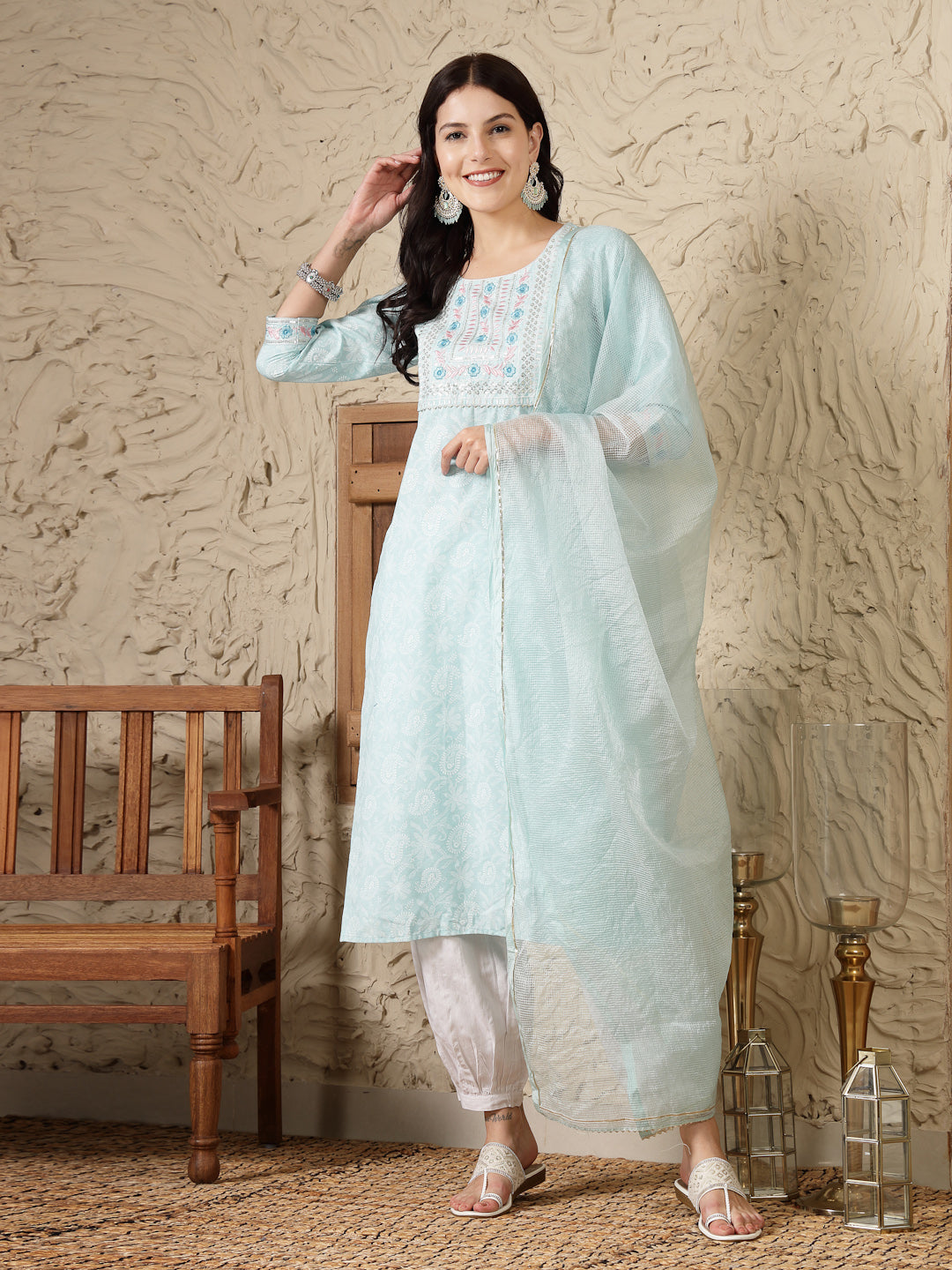 Paisley Printed &amp; Embroidered Cotton Blend Straight Kurta Afghani Pant &amp; Dupatta Set
