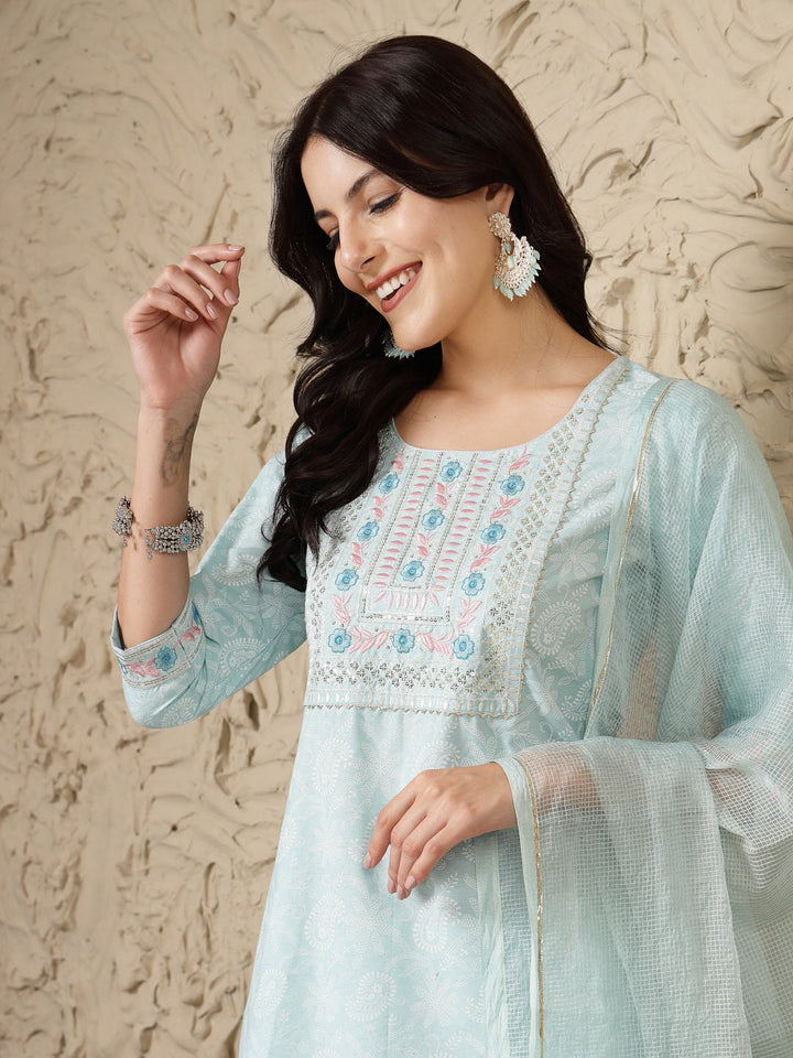 Paisley Printed &amp; Embroidered Cotton Blend Straight Kurta Afghani Pant &amp; Dupatta Set