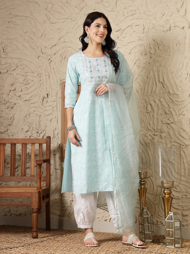 Paisley Printed &amp; Embroidered Cotton Blend Straight Kurta Afghani Pant &amp; Dupatta Set