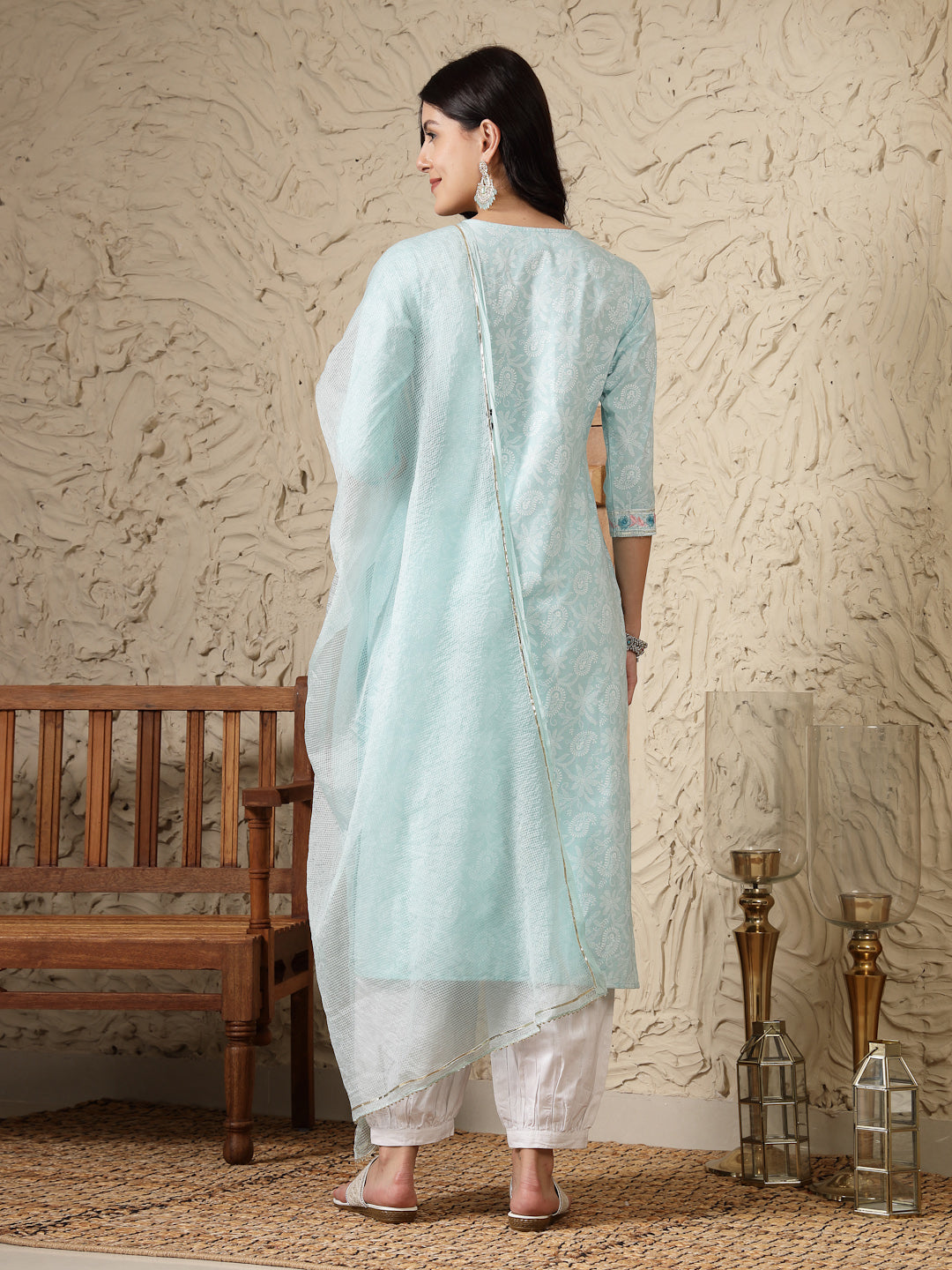 Paisley Printed &amp; Embroidered Cotton Blend Straight Kurta Afghani Pant &amp; Dupatta Set