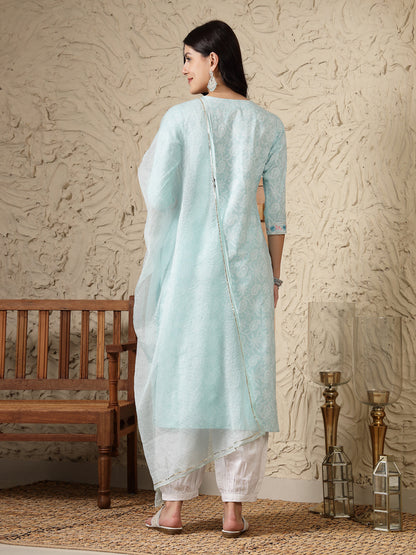 Paisley Printed & Embroidered Cotton Blend Straight Kurta Afghani Pant & Dupatta Set