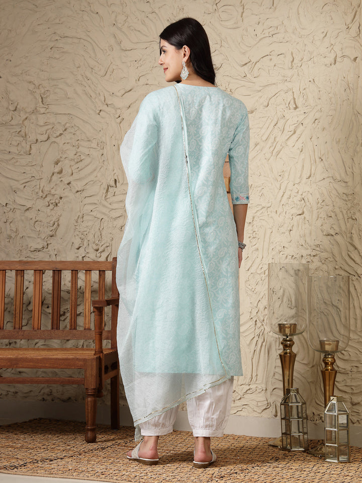 Paisley Printed &amp; Embroidered Cotton Blend Straight Kurta Afghani Pant &amp; Dupatta Set