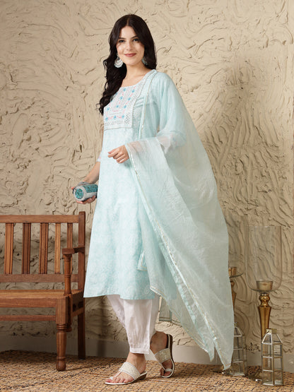 Paisley Printed & Embroidered Cotton Blend Straight Kurta Afghani Pant & Dupatta Set