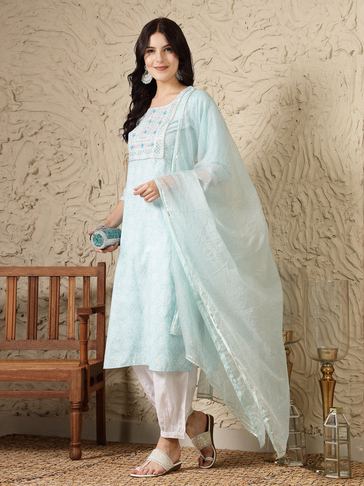 Paisley Printed &amp; Embroidered Cotton Blend Straight Kurta Afghani Pant &amp; Dupatta Set