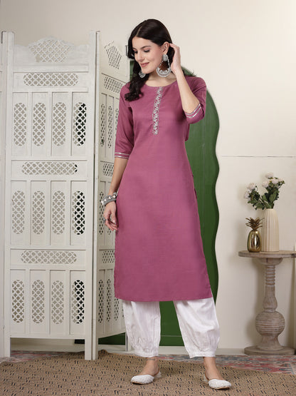 Solid Cotton Blend Straight Kurta Pant Set