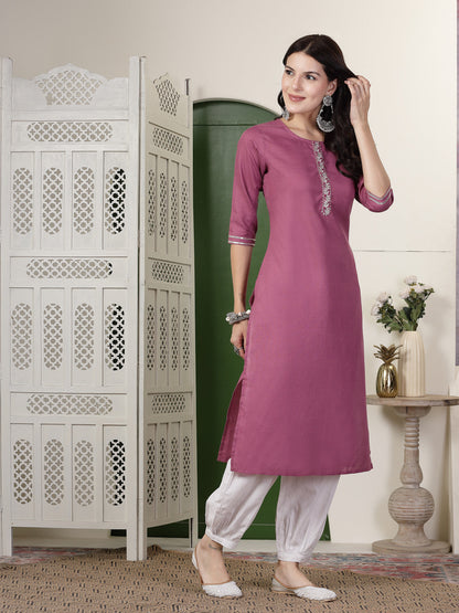Solid Cotton Blend Straight Kurta Pant Set