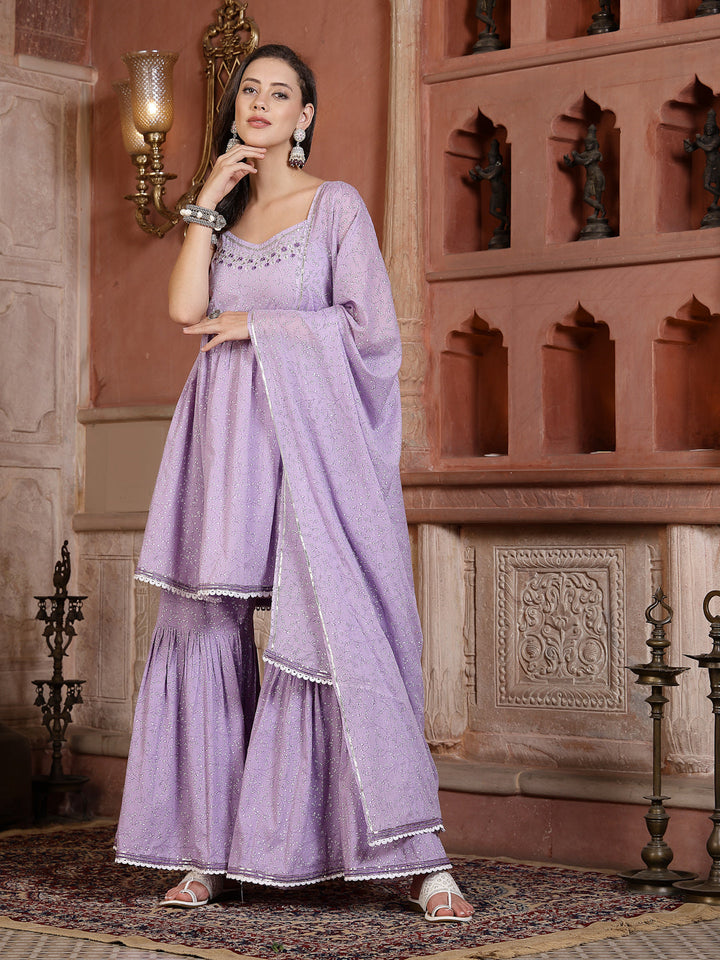 Lavender Printed Cotton Flared Kurti Sharara Dupatta Set