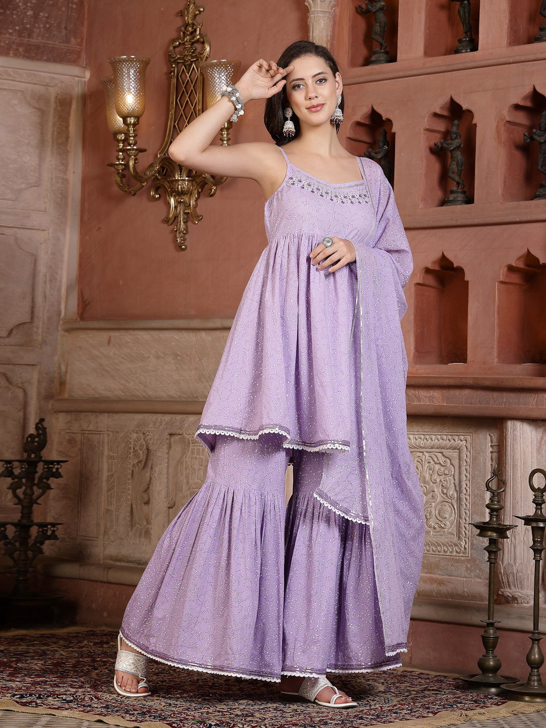 Lavender Printed Cotton Flared Kurti Sharara Dupatta Set
