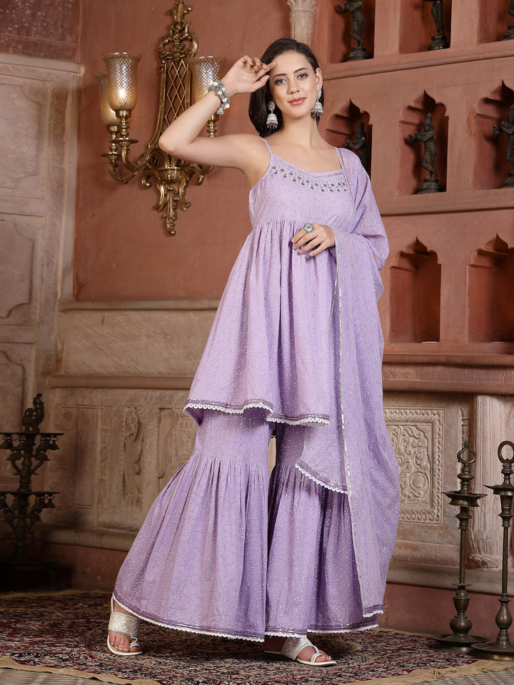 Lavender Printed Cotton Flared Kurti Sharara Dupatta Set