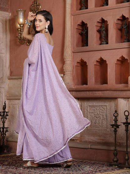 Lavender Printed Cotton Flared Kurti Sharara Dupatta Set (Pre-Order)