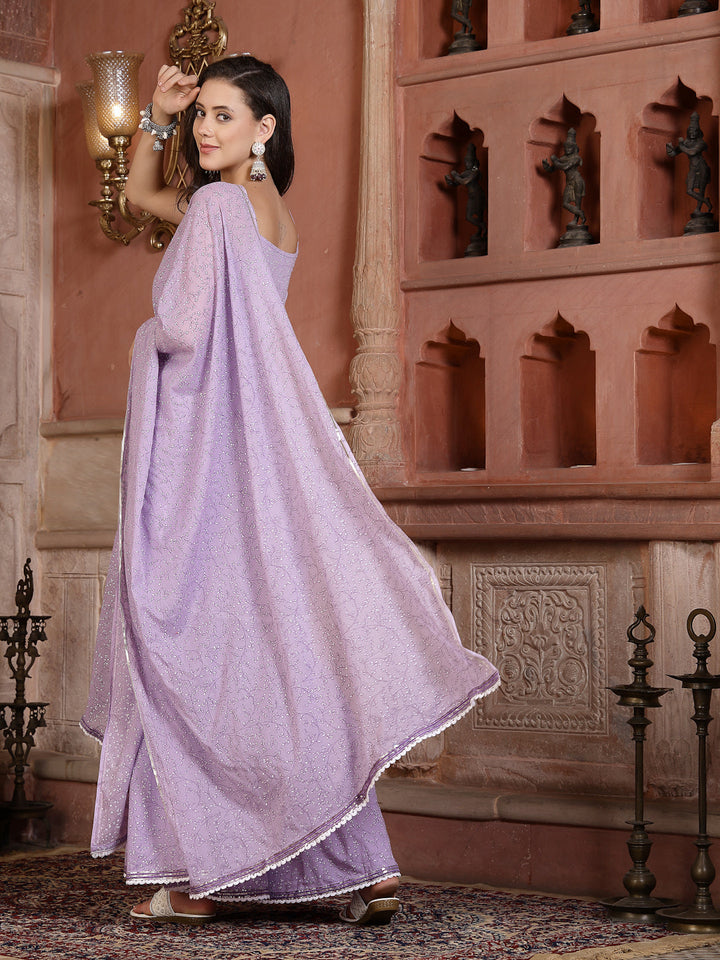 Lavender Printed Cotton Flared Kurti Sharara Dupatta Set