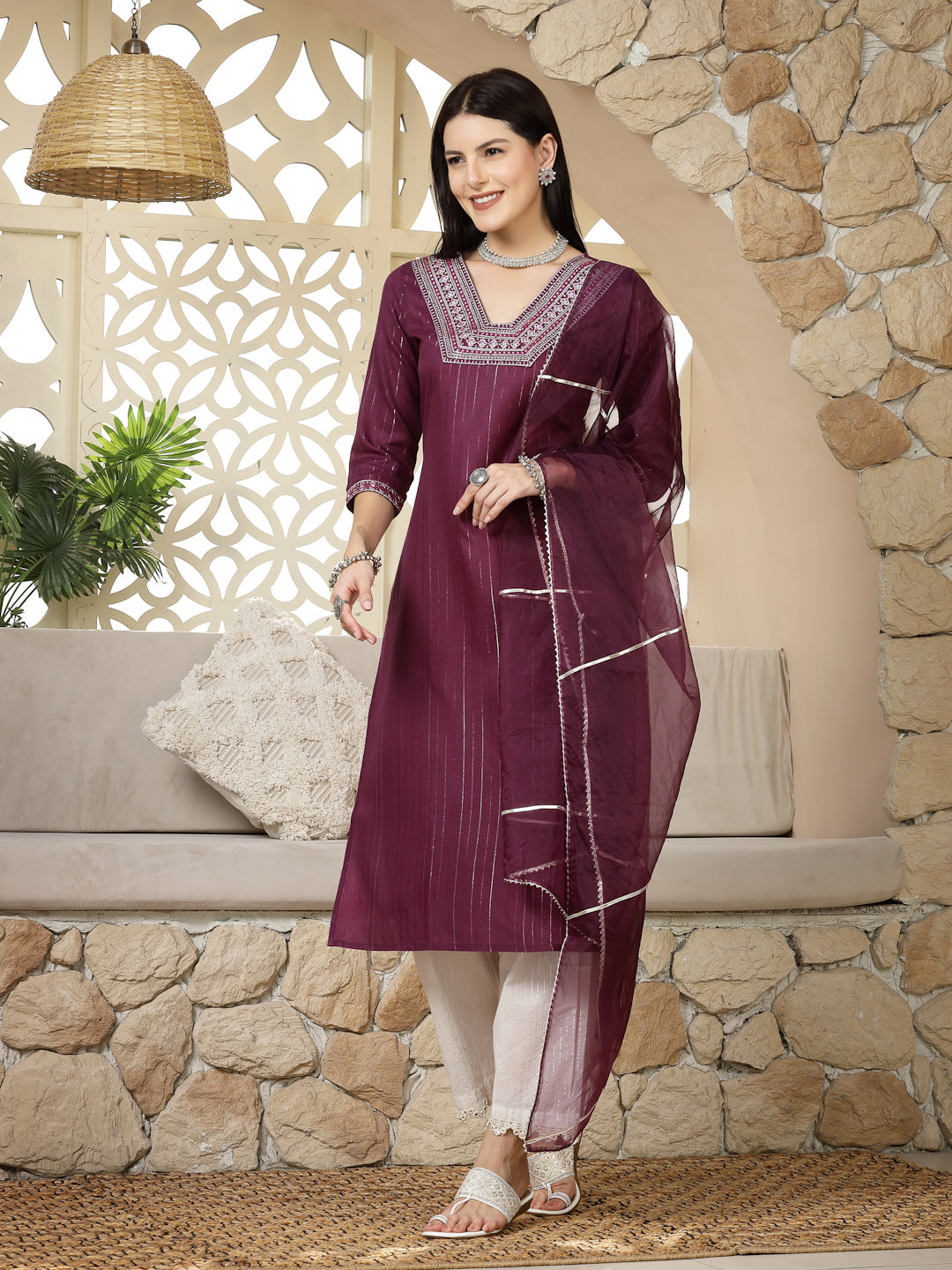 Purple Woven Design &amp; Embroidered Cotton Blend Lurex Straight Kurta Pant Dupatta Set