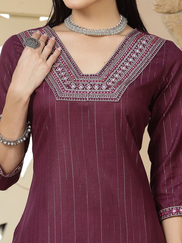 Purple Woven Design &amp; Embroidered Cotton Blend Lurex Straight Kurta Pant Dupatta Set