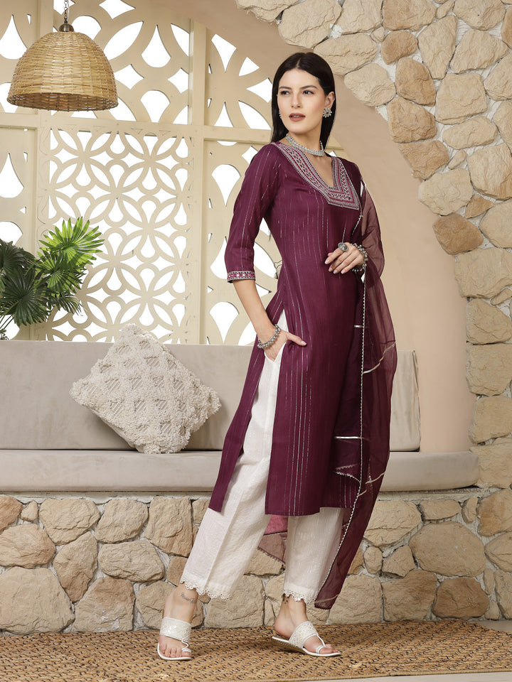 Purple Woven Design &amp; Embroidered Cotton Blend Lurex Straight Kurta Pant Dupatta Set