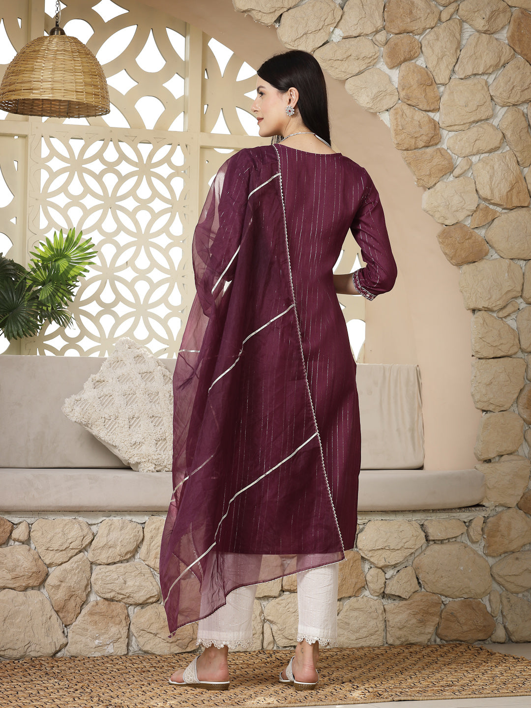 Purple Woven Design &amp; Embroidered Cotton Blend Lurex Straight Kurta Pant Dupatta Set