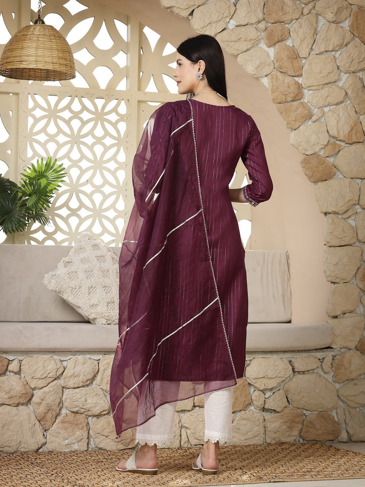Purple Woven Design &amp; Embroidered Cotton Blend Lurex Straight Kurta Pant Dupatta Set