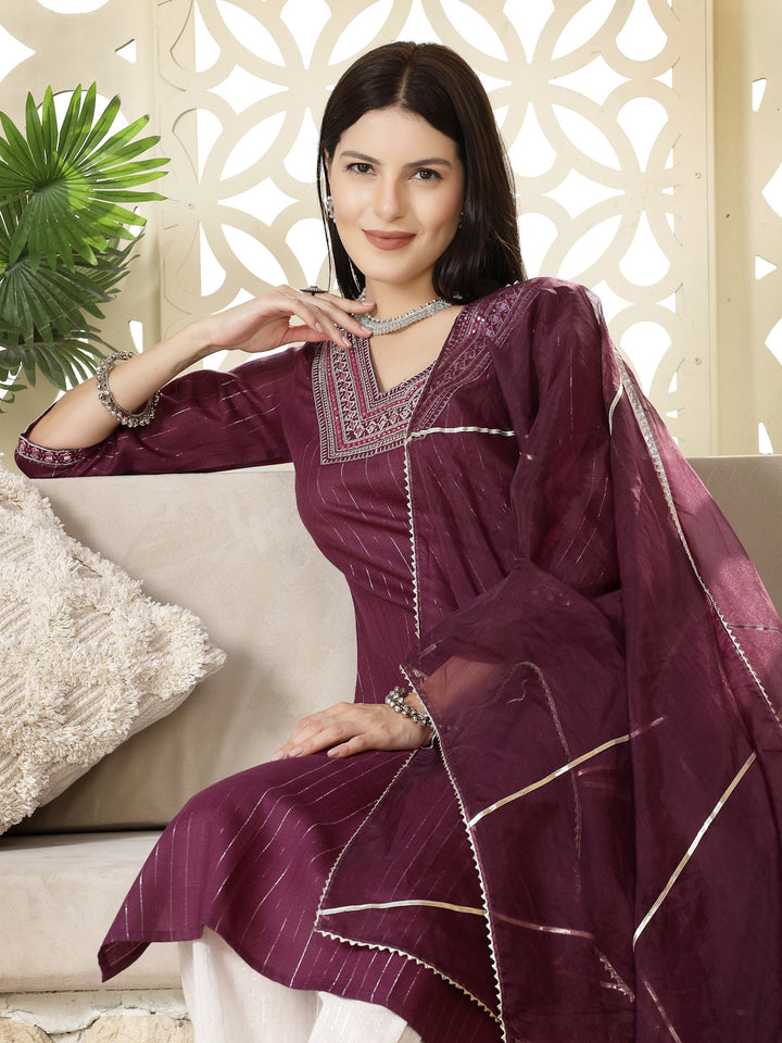 Purple Woven Design &amp; Embroidered Cotton Blend Lurex Straight Kurta Pant Dupatta Set