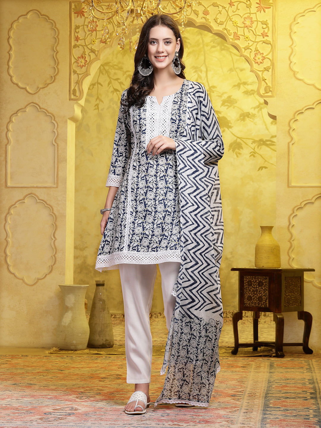 Indigo Blue Floral Printed & Embroidered Cotton A-Line Short Kurti Pant Dupatta Set (Pre-Order)