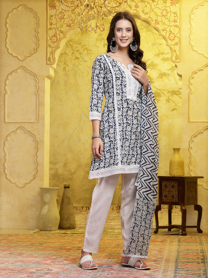 Indigo Blue Floral Printed & Embroidered Cotton A-Line Short Kurti Pant Dupatta Set