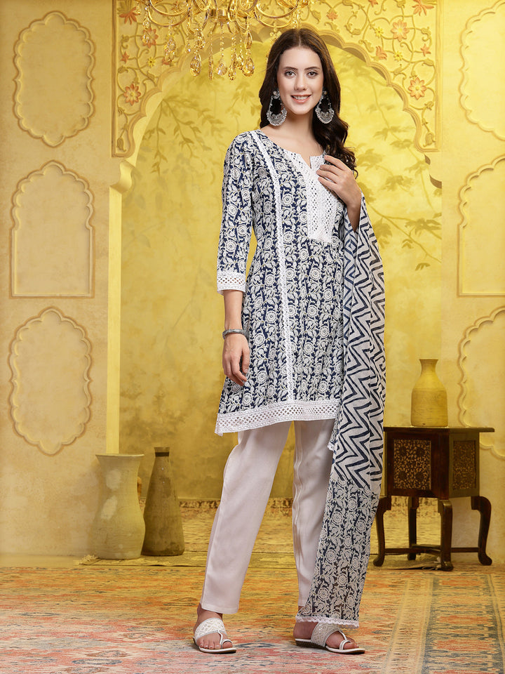 Indigo Blue Floral Printed &amp; Embroidered Cotton A-Line Short Kurti Pant Dupatta Set