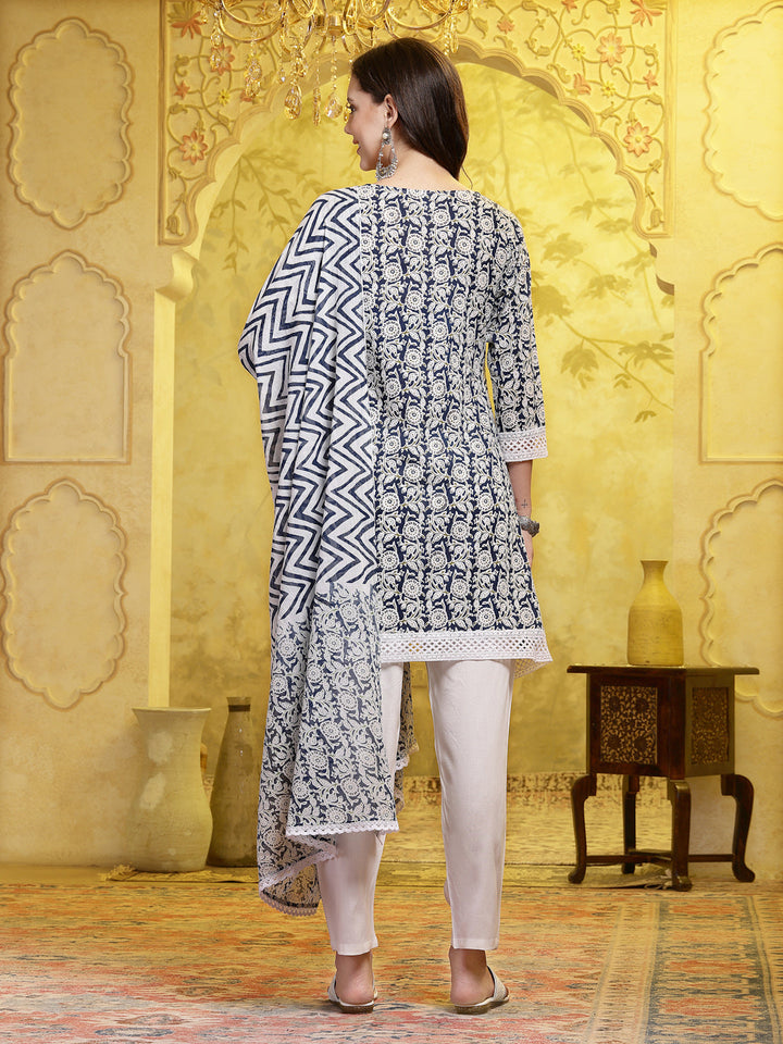 Indigo Blue Floral Printed &amp; Embroidered Cotton A-Line Short Kurti Pant Dupatta Set