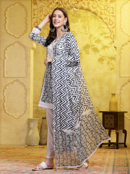 Indigo Blue Floral Printed & Embroidered Cotton A-Line Short Kurti Pant Dupatta Set (Pre-Order)