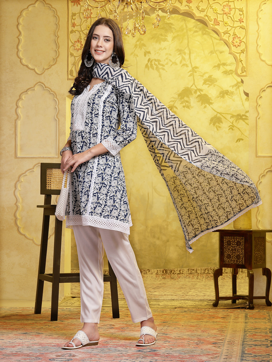 Indigo Blue Floral Printed &amp; Embroidered Cotton A-Line Short Kurti Pant Dupatta Set