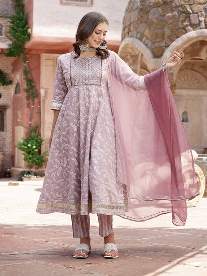 Lavender Bandhani Printed & Embroidered Cotton Anarkali Kurta Pant Dupatta Set (Pre-Order)
